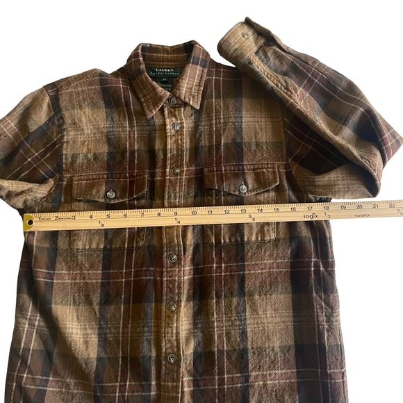 Lauren Ralph Lauren Brown Plaid 100% Worsted Wool Button Down Shirt Womens M LRL - Picture 5 of 6